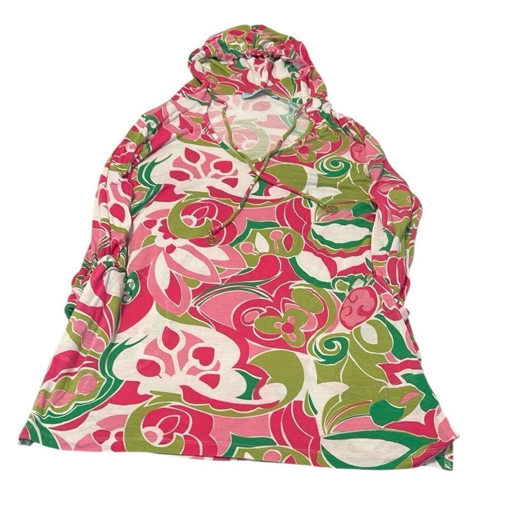 Beach Candie szS pink green white print drawstring hoodie with pockets EUC